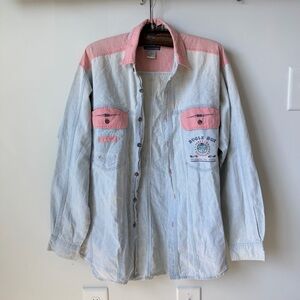 Vintage Bugle Boy Denim Blue and Pink Cotton Shirt Jacket